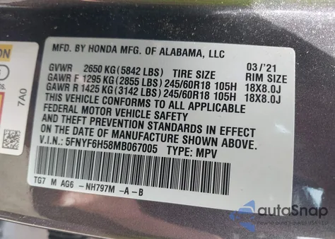 2021 Honda Pilot Awd Ex-L from USA, damaged, VIN 5FNYF6H58MB067005